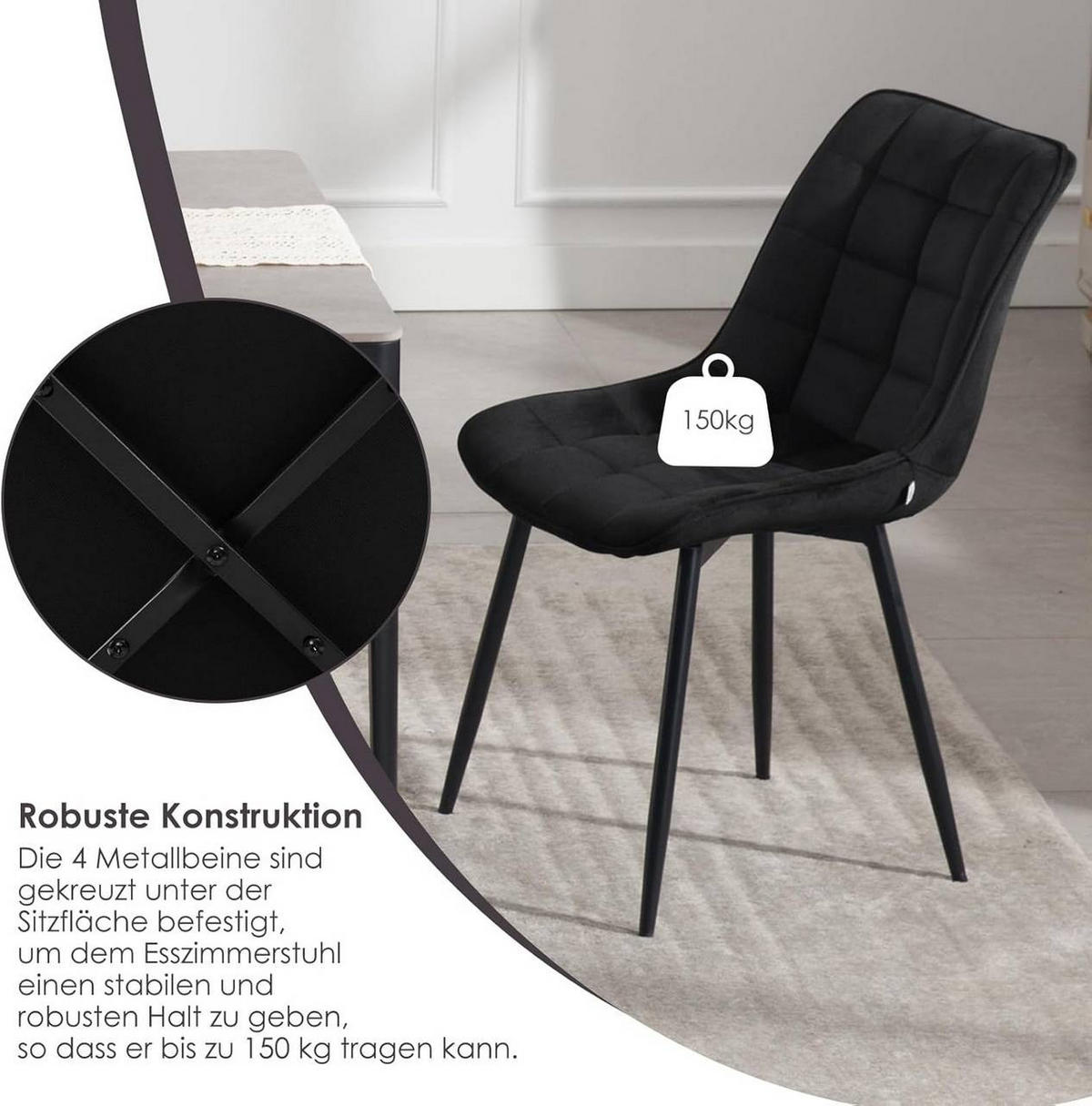 ESSZIMMERSTUHL 2er Set, Samt, Metallbeine, Schwarz - Schwarz, Textil/Metall (46/85.5/40.5cm) - Woltu