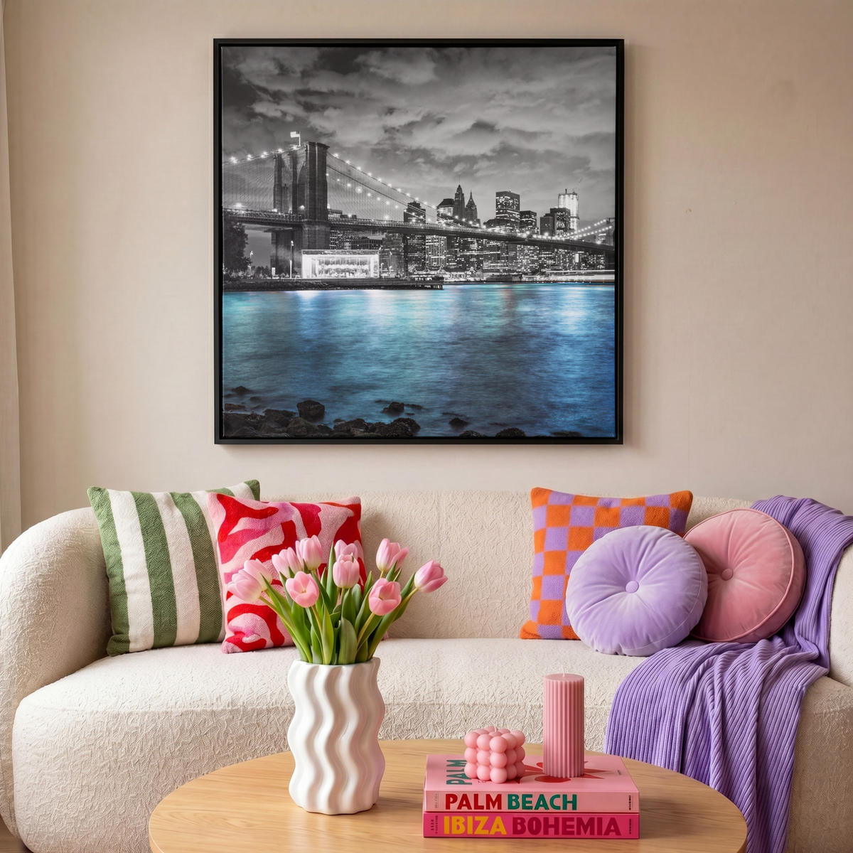 LEINWAND Bilder mit Rahmen - New York - Skyline - Stadt - Blau - 90x90 - Blaugrau, Textil (90/90cm) - MuchoWow