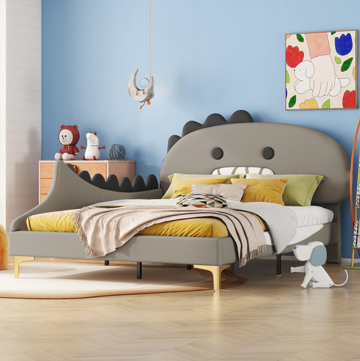 KINDERBETT 140/200 cm Grau aus PU mit Dinosaurier-Kopfteil - Grau, Kunststoff (140/200cm) - OKMYHOME