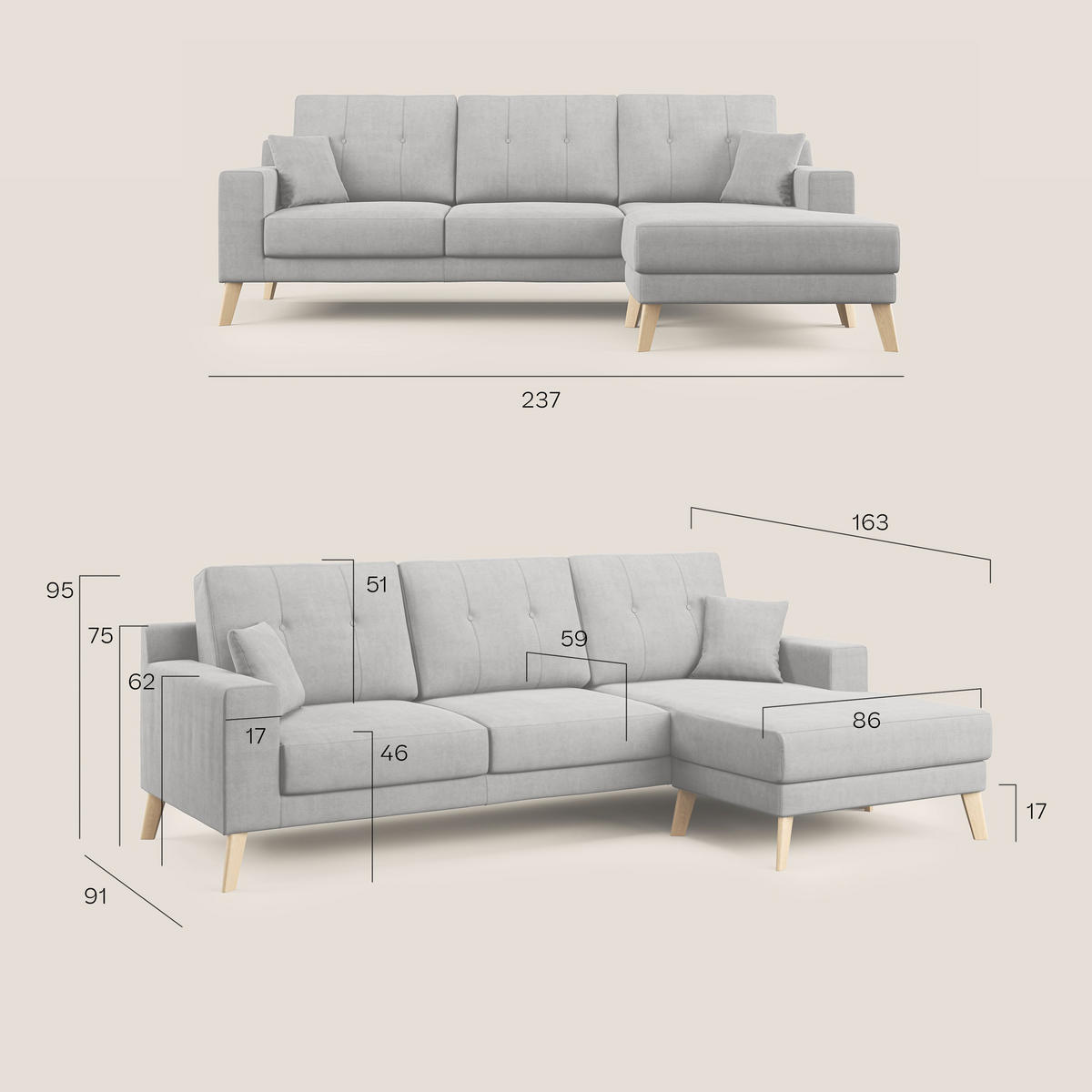 ECKSOFA Danish - Blau, Textil (237/91cm) - Divani.store