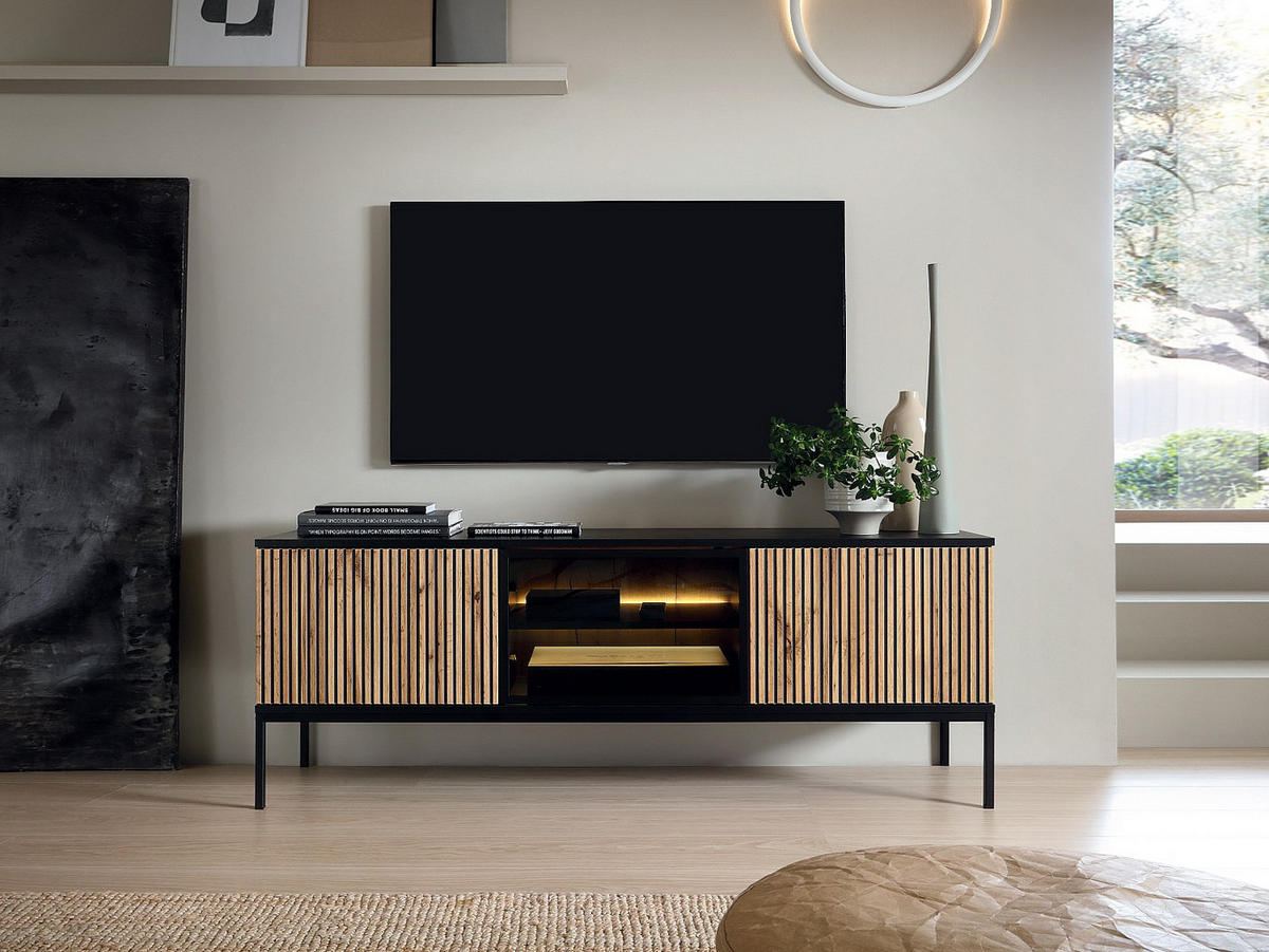 TV-MÖBEL - 3 Türen - mit LED-Beleuchtung - MDF & Rauchglas - Schwarz & Holzfarben - OVILA - Schwarz, Holz (153.4/56.2/39cm) - Vente-Unique