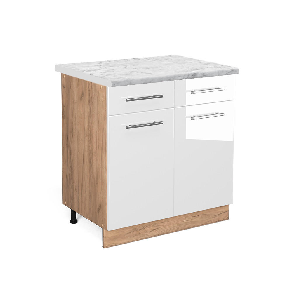 KÜCHENUNTERSCHRANK Fame-Line Weiß Hochglanz 80 cm, AP Marmor - Honigeiche/Weiß Hochglanz, Holzwerkstoff (80/82/60cm) - Vicco