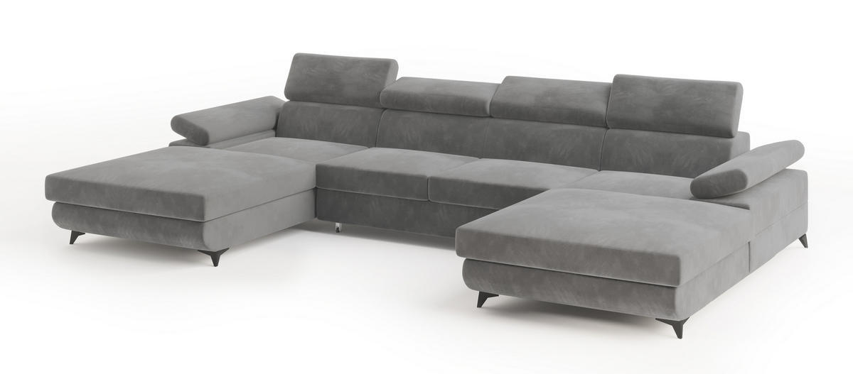 WOHNLANDSCHAFT DETTI Grau Velours-Stoff mit Schlaffunktion - Grau, Holz (339/89/190cm) - MASSENO