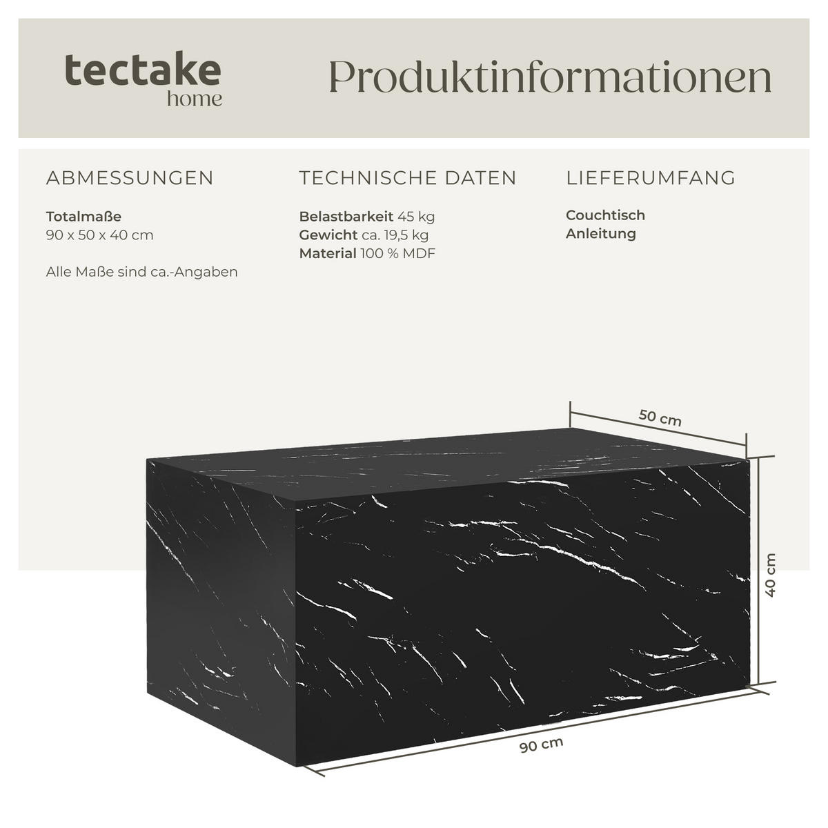 COUCHTISCH Lasley,inkl. Bodenschoner, Belastbarkeit 45 kg,Marmor Optik schwarz - Schwarz, Holz (50/90/40cm) - tectake