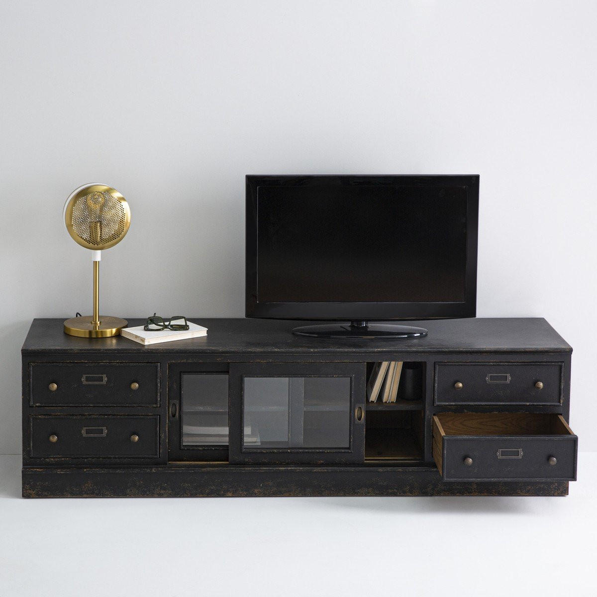 TV-MÖBEL aus massivholz und glas - amsterdam 180/45/50 cm - Schwarz, Holz (45/50/180cm) - Signature
