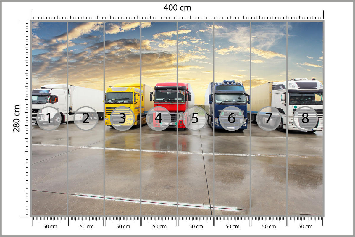 FOTOTAPETE für Wohnzimmer Lastwagen Parken Sonnenuntergang 400x280 - Gelb/Rot, Papier (400/280cm) - Muralo