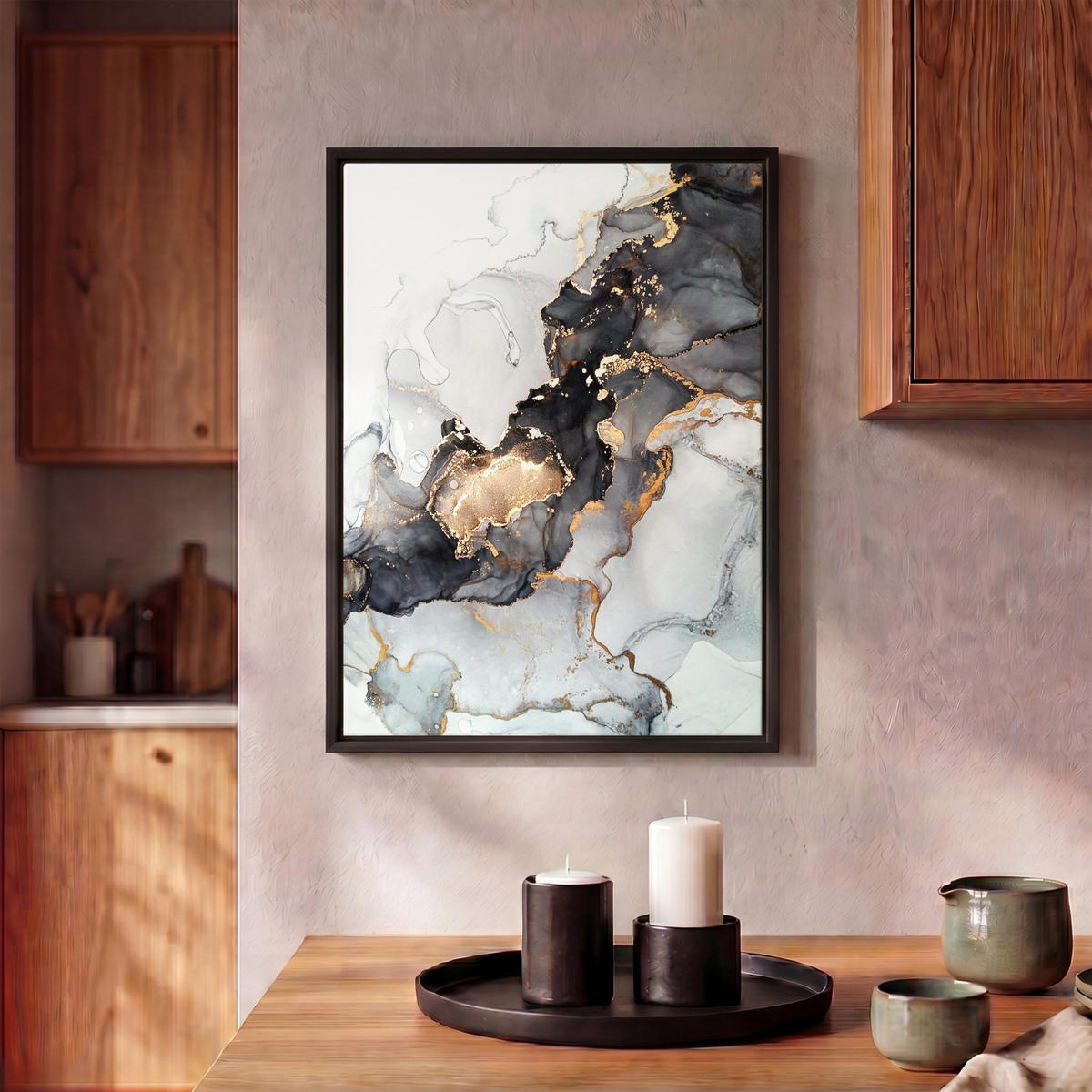 LEINWAND Bilder mit Rahmen - Marmor - Schwarz - Weiß - Gold - Luxus - Abstrakt - 30x40 - Goldfarben, Textil (30/40cm) - MuchoWow