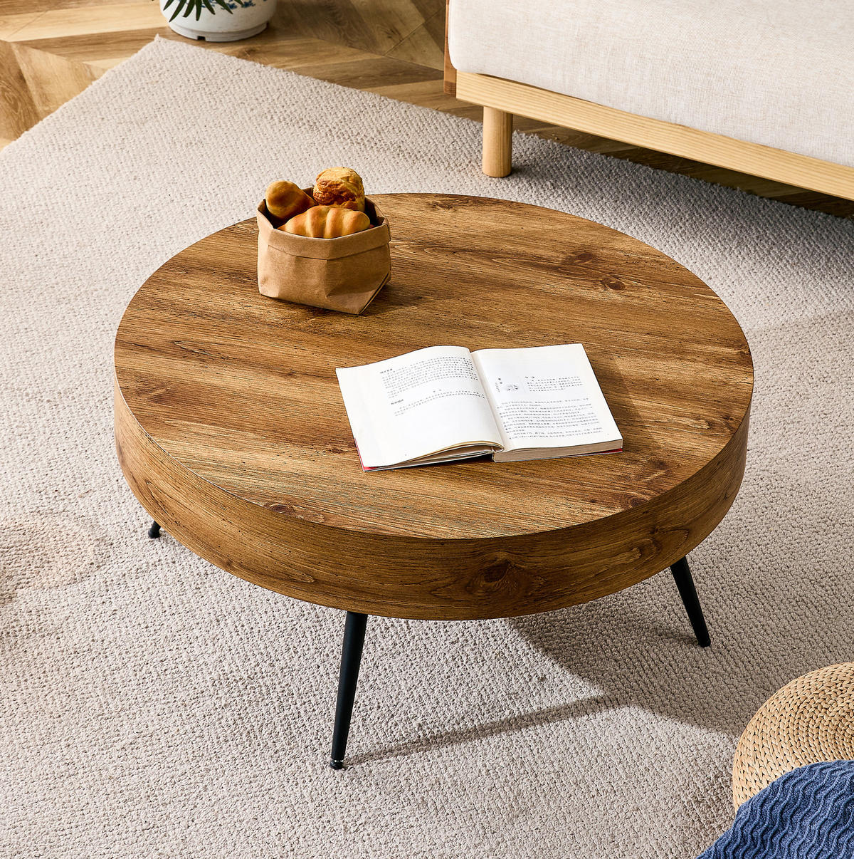COUCHTISCH 70 cm in Holzoptik mit Metallbeinen, Höhe 35,5 cm - Schwarz, Holzwerkstoff (70/70/35.5cm) - BEAOK