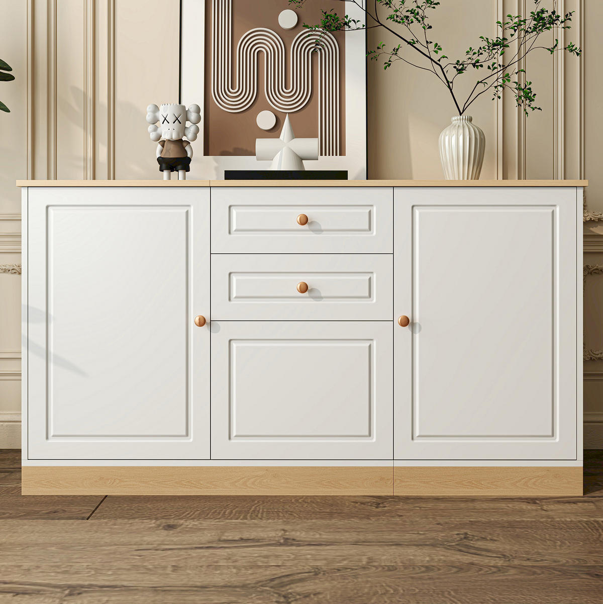 SIDEBOARD aus Spanplatte 135,5x39x76 cm Weiß und Holzoptik mit 3 Türen und 2 Schubladen - Weiß, Holzwerkstoff (135.5/76/39cm) - IVMEU