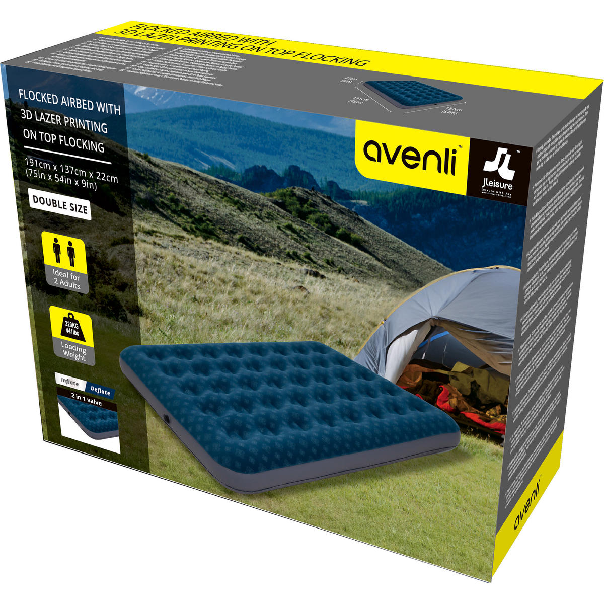 LUFTBETT Luftmatratze Camping 2 Personen 203x183x22cm aufblasbar ohne Pumpe - Blau/Grau, Kunststoff (183/203cm) - Avenli