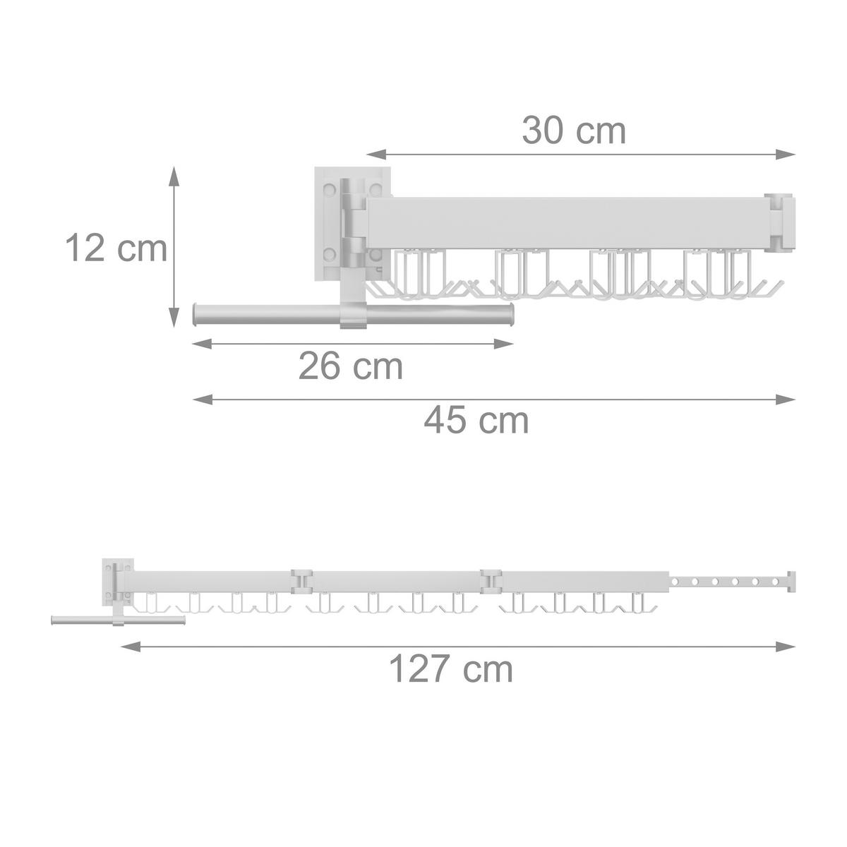 STOJAN na bielizeň na stene - biela, kov/plast (127/12/26cm) - Relaxdays