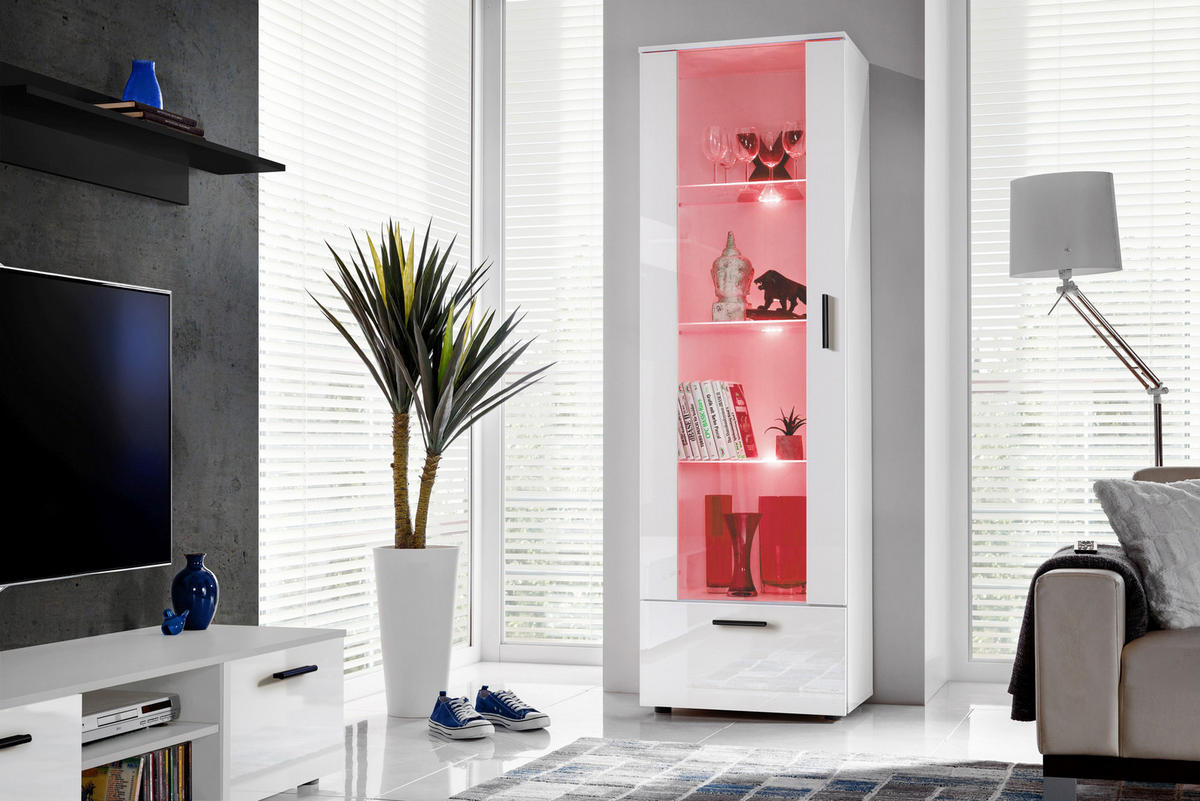 VITRINE ALESSANDRIA, Weiss, LED Mehrfarbige - Schwarz/Weiß, Glas/Holzwerkstoff (60/192/42cm) - Komodee