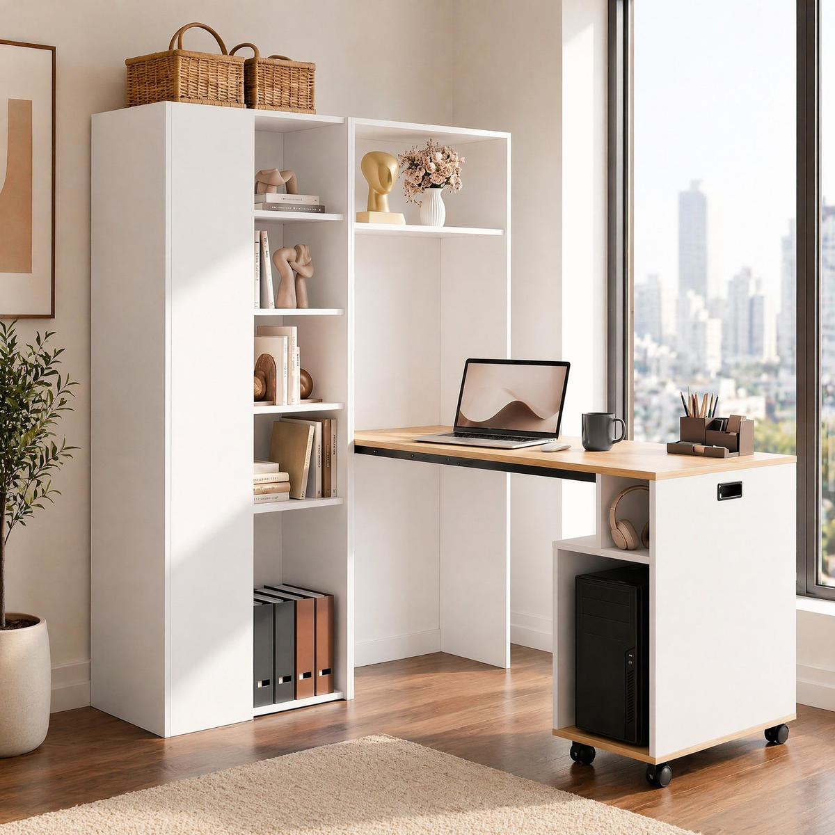 ECKSCHREIBTISCH in Weiß mit Bücherregal und Steckdose für Arbeitszimmer, B104.5/T30.5/H160 cm - Weiß, Holzwerkstoff (104.5/160/30.5cm) - STILVORA