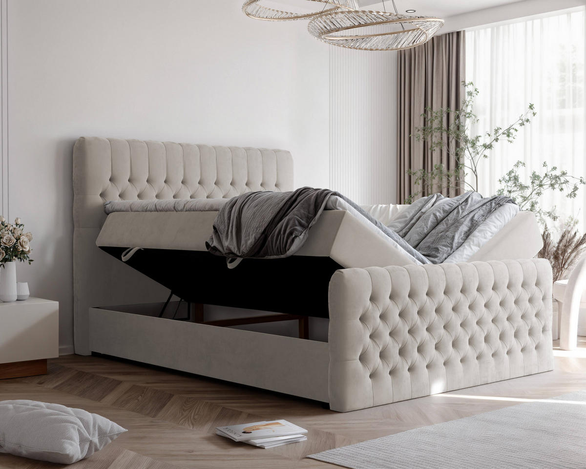 BOXBETT 200x200 cm mit Topper - Beige, Holzwerkstoff/Textil (200/200cm) - Idohome
