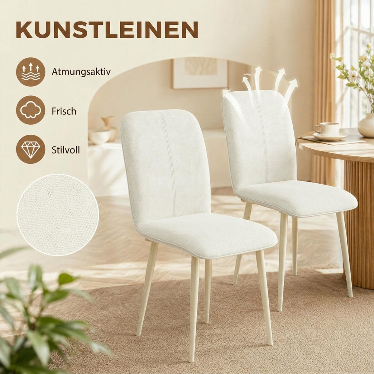 MATSALSSTOLAR i tyg med linneimitation, vit - Cremefärgad, Textil/Metall (57/85/42cm) - HOMCOM