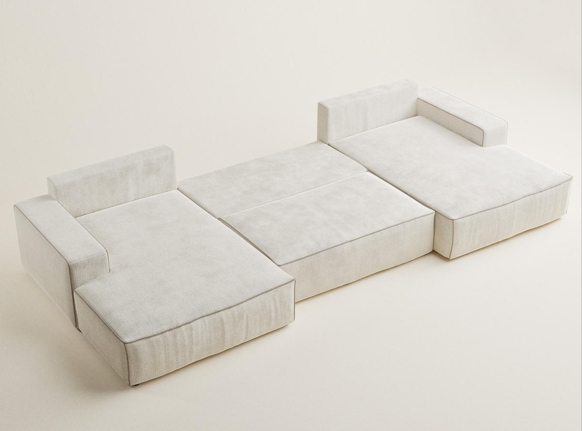 WOHNLANDSCHAFT Deseo Ecru-Beige Chenille-Stoff - Ecru/Beige, Holz/Holzwerkstoff (398/70/148cm) - Maison de Reve