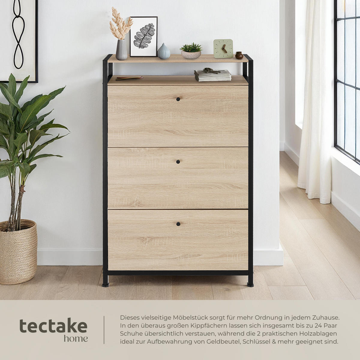 SCHUHSCHRANK Buffalo,inklusive Kippschutz, 81 x 32 x 130 cm,Industrial Holz hell, Eiche Sonoma - Naturfarben, Holzwerkstoff (32/130/81cm) - tectake