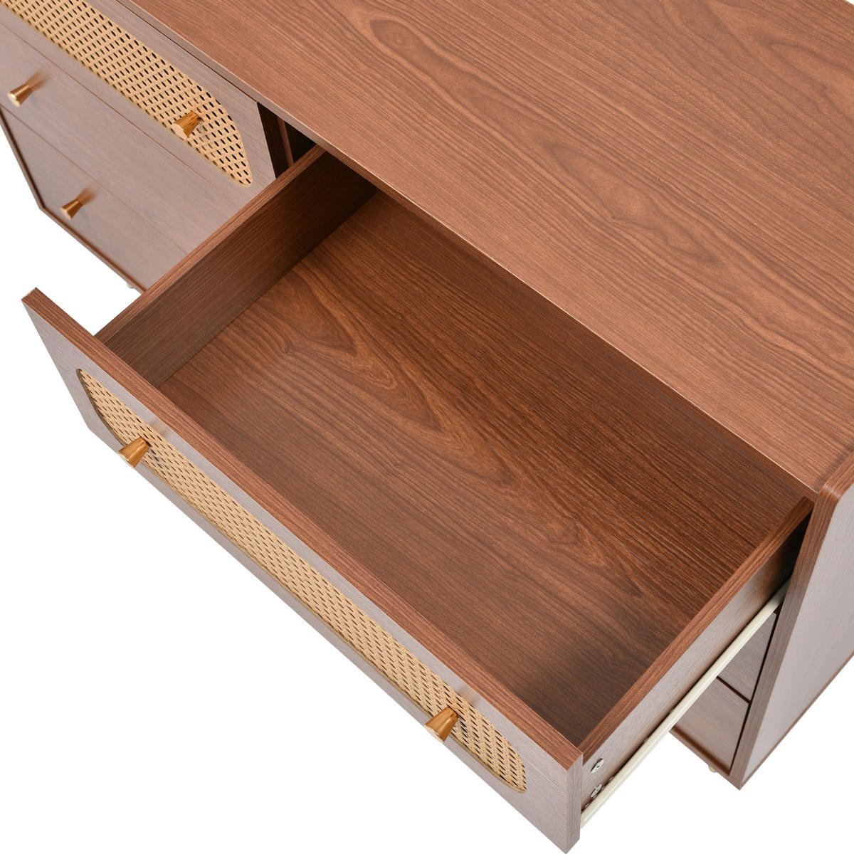 KOMMODE, 6 Schubladen, mit Metallbeinen und Rattan-Details, 120x40x90 cm, Nussbaumfarben - Nussbaumfarben, Holzwerkstoff (40/90/120cm) - Modfu