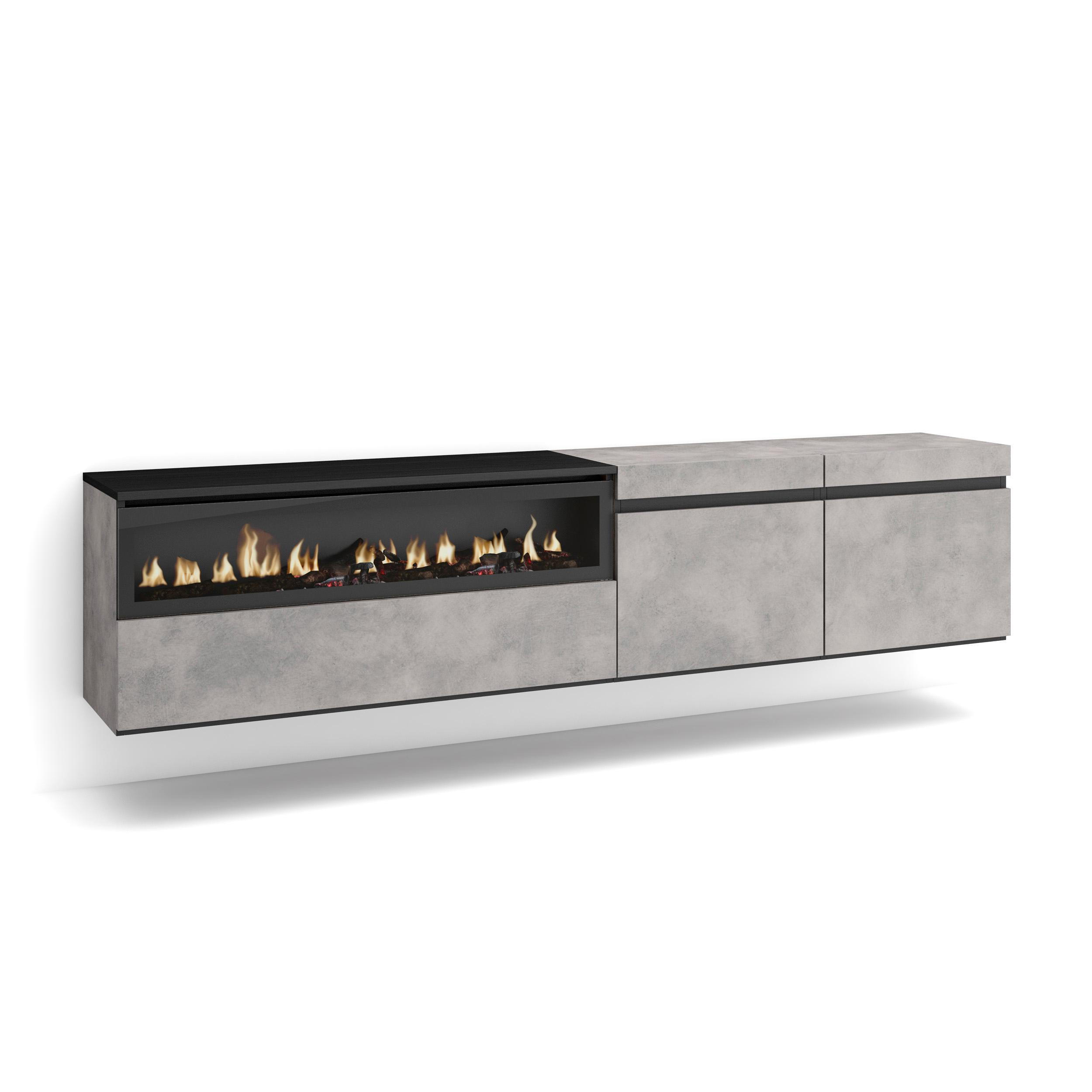 TV-SCHRANK zementgrau, mit Elektrokamin, Hängend, 200/35/45cm - Hellgrau, Holzwerkstoff (200/45/35cm) - Skraut Home