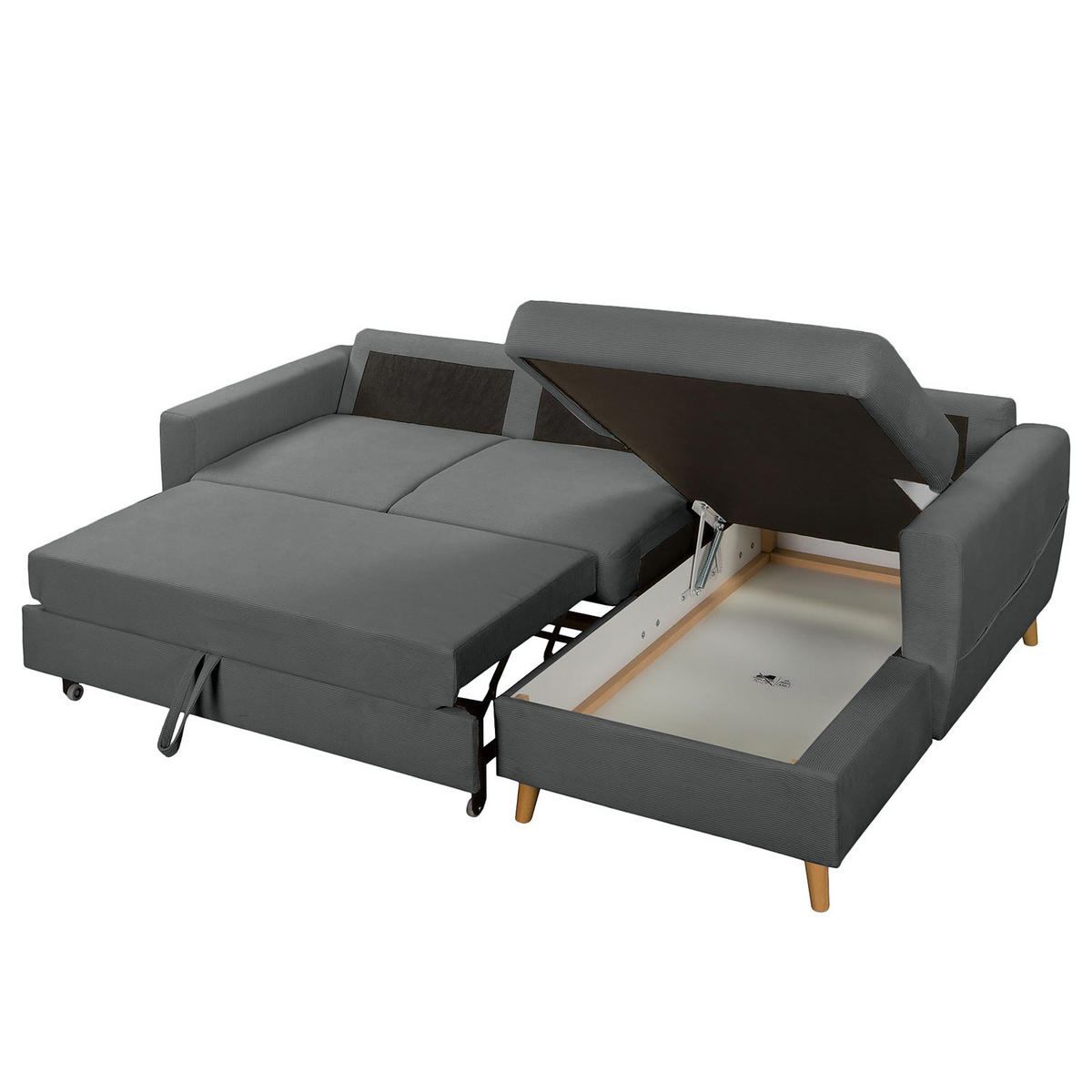 ECKSOFA mit Longchair - Anthrazit/Braun, Holz/Textil (223/148cm) - home24