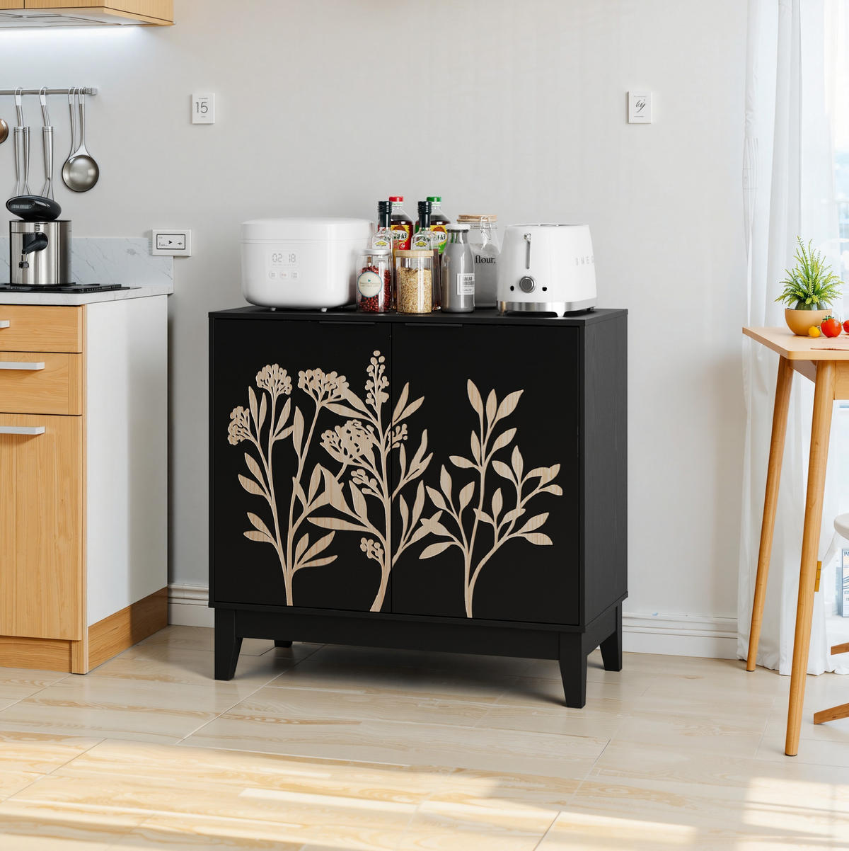 SIDEBOARD 80 cm mit 2 Türen und verstellbarem Einlegeboden, Blumenschnitzerei, Schwarz - Schwarz, Holzwerkstoff (80/76/38cm) - Redom