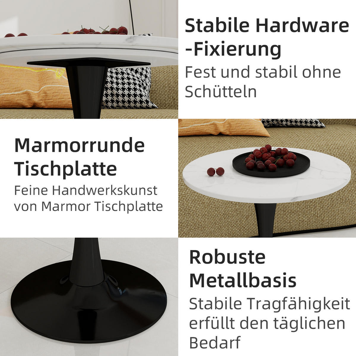 COUCHTISCH rund 70/70/72 cm Schwarz Weiß aus Kunstmarmor - Weiß, Stein (70/70/72cm) - OKWISH