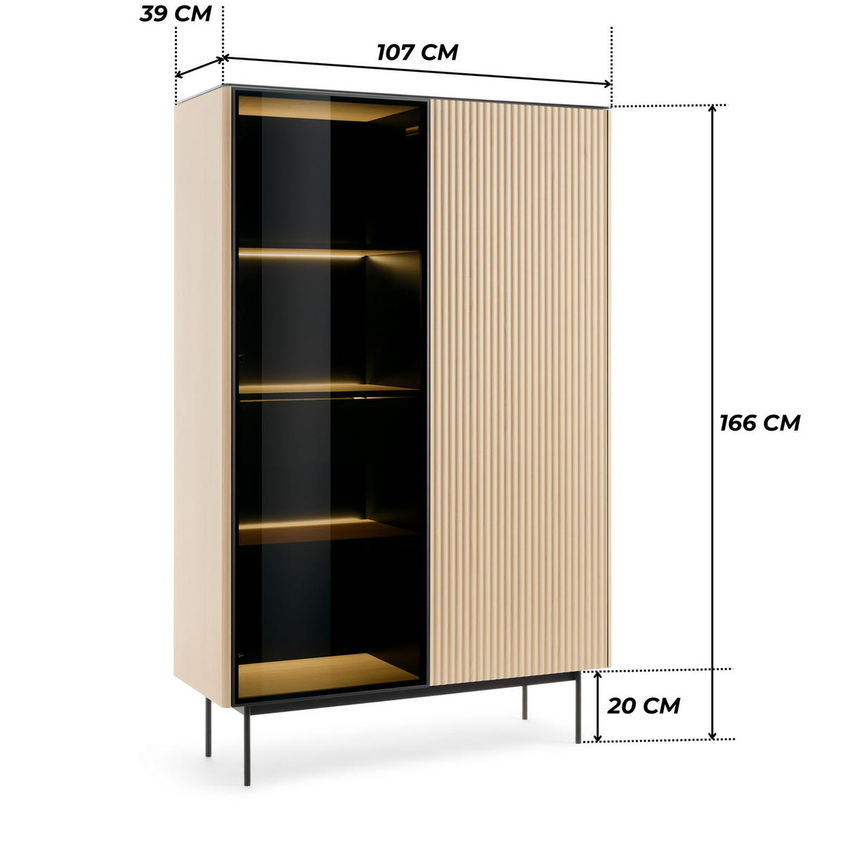 VITRINE DIJON WTSZ107 107 cm (Vicenza Eiche, Glasplatte, Antisol-Glas, Innenschublade, LED) - Eichefarben/Schwarz, Glas/Holz (107/167/39cm) - Ravio