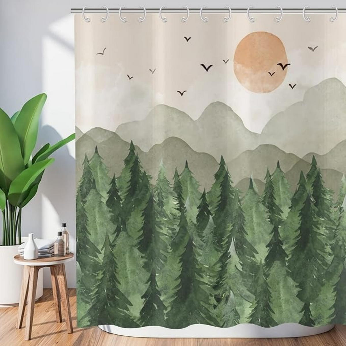 DUSCHVORHANG Vogel waschbar Stoff wasserdicht für Badewanne mit Haken - Grün, Textil (180/180cm) - MCBOSON