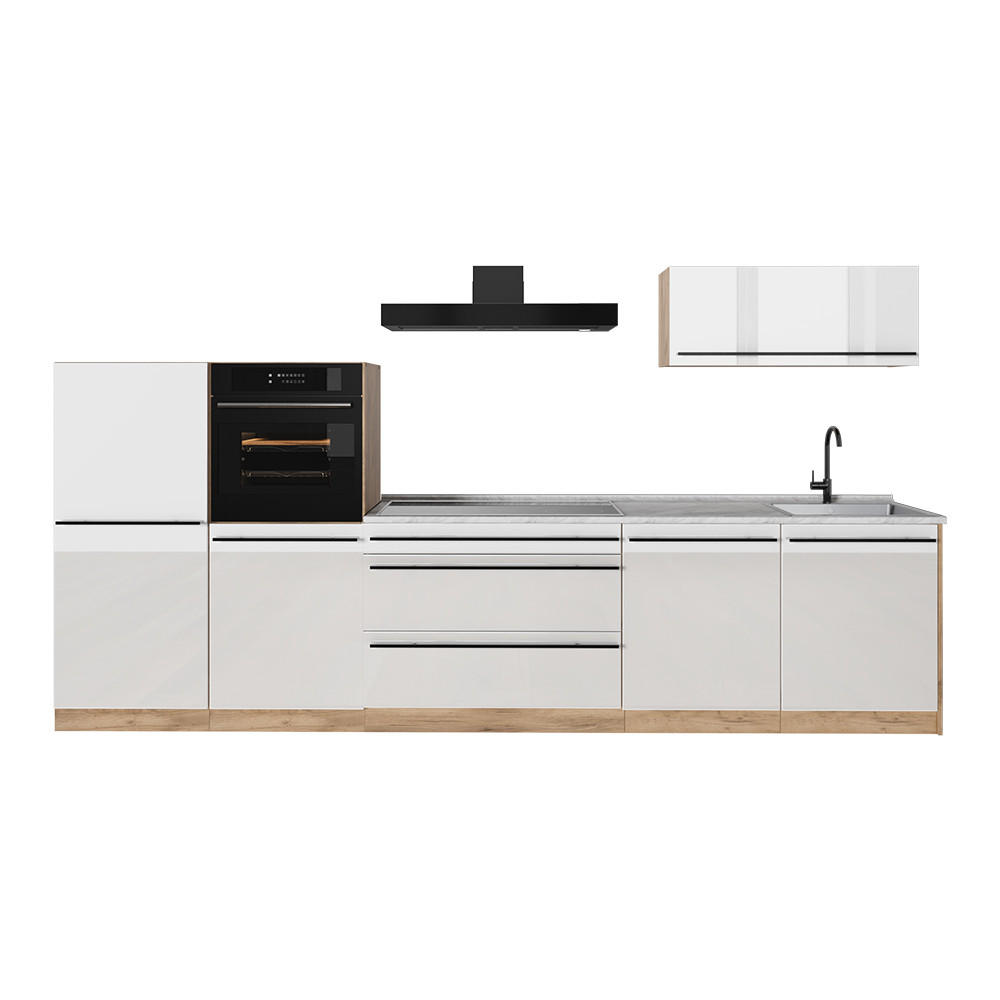 Vicco Küchenzeile Weiß Hochglanz, Eiche 340x143x60 cm
