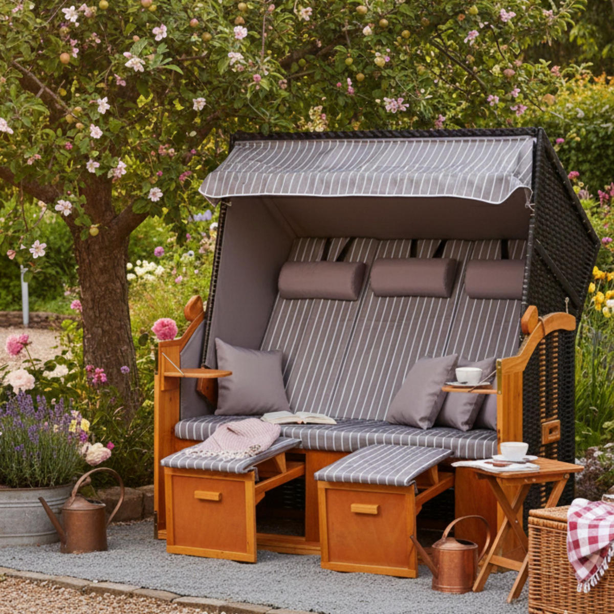 STRANDKORB XXL Ostsee 3Sitzer PE Schwarz - Braun/Grau, Metall (160/160/80cm) - Mr. Deko