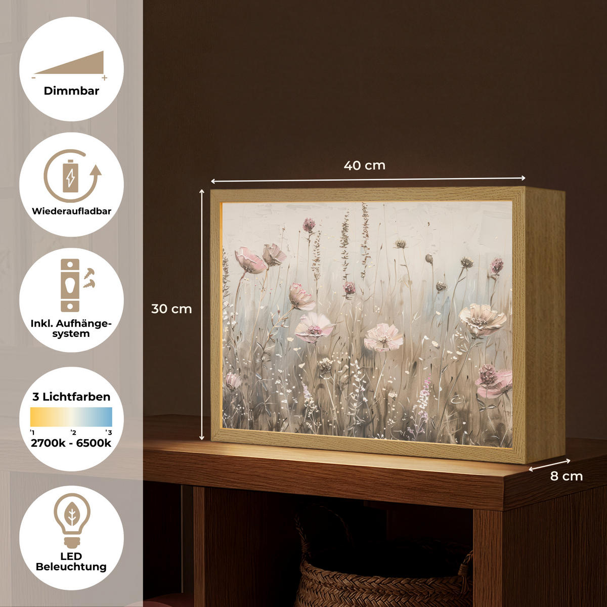 NÁSTĚNNÁ LAMPA S AKUMULÁTOREM Květiny - růžová - moderní - béžová 40x30 cm - starorůžová, kompozitní dřevo (40/30/8cm) - OnlyWow