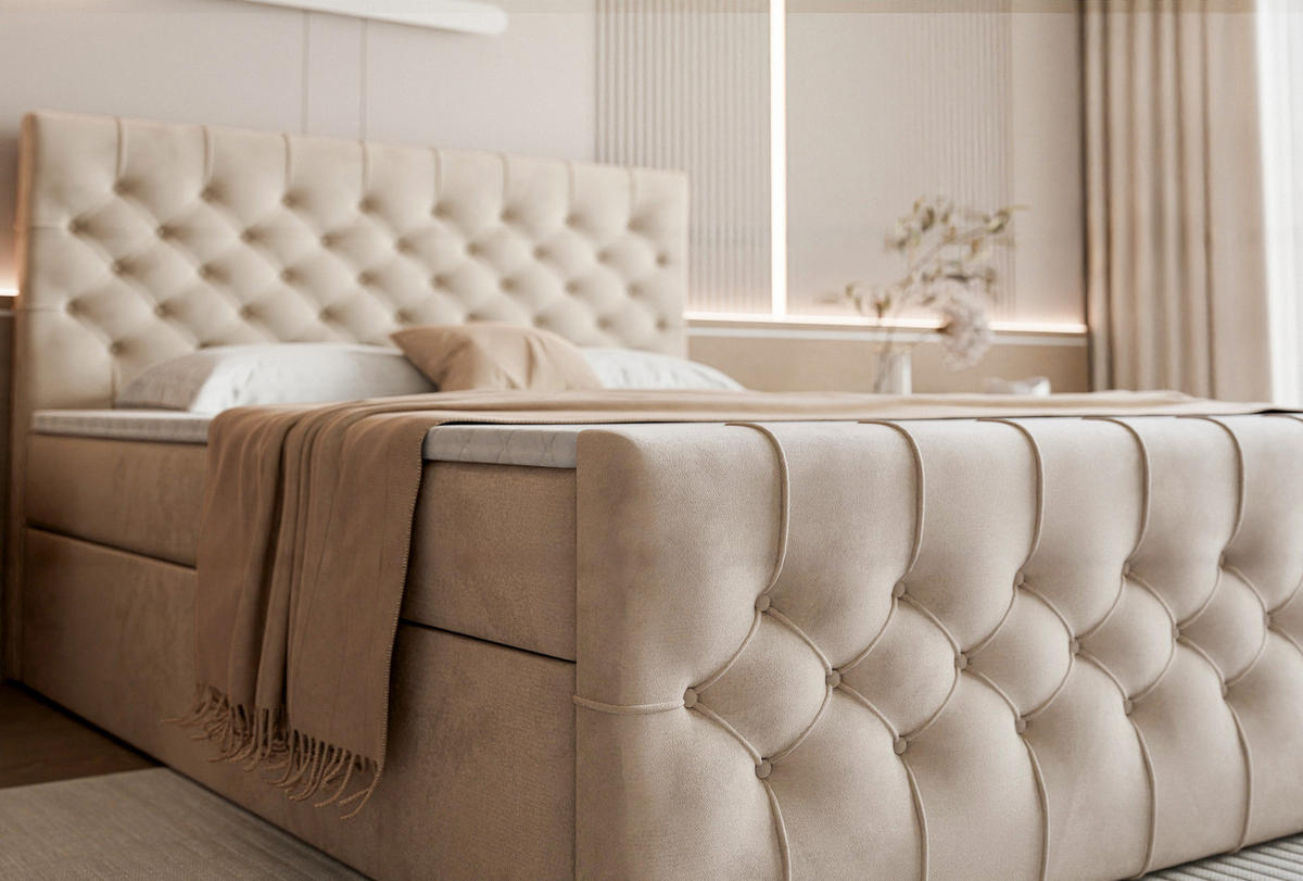 BOXSPRINGBETT Aurora mit Bettkasten, Beige Samt 200x200 cm – inkl. H3 Matratze und Topper - Beige/Schwarz, Holzwerkstoff/Kunststoff (200/200cm) - WFL GROUP