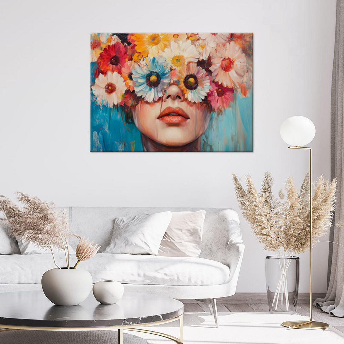 LEINWANDBILD Frau mit bunten Blumen auf dem Kopf - Multicolor, Textil (100/70cm) - Feeby