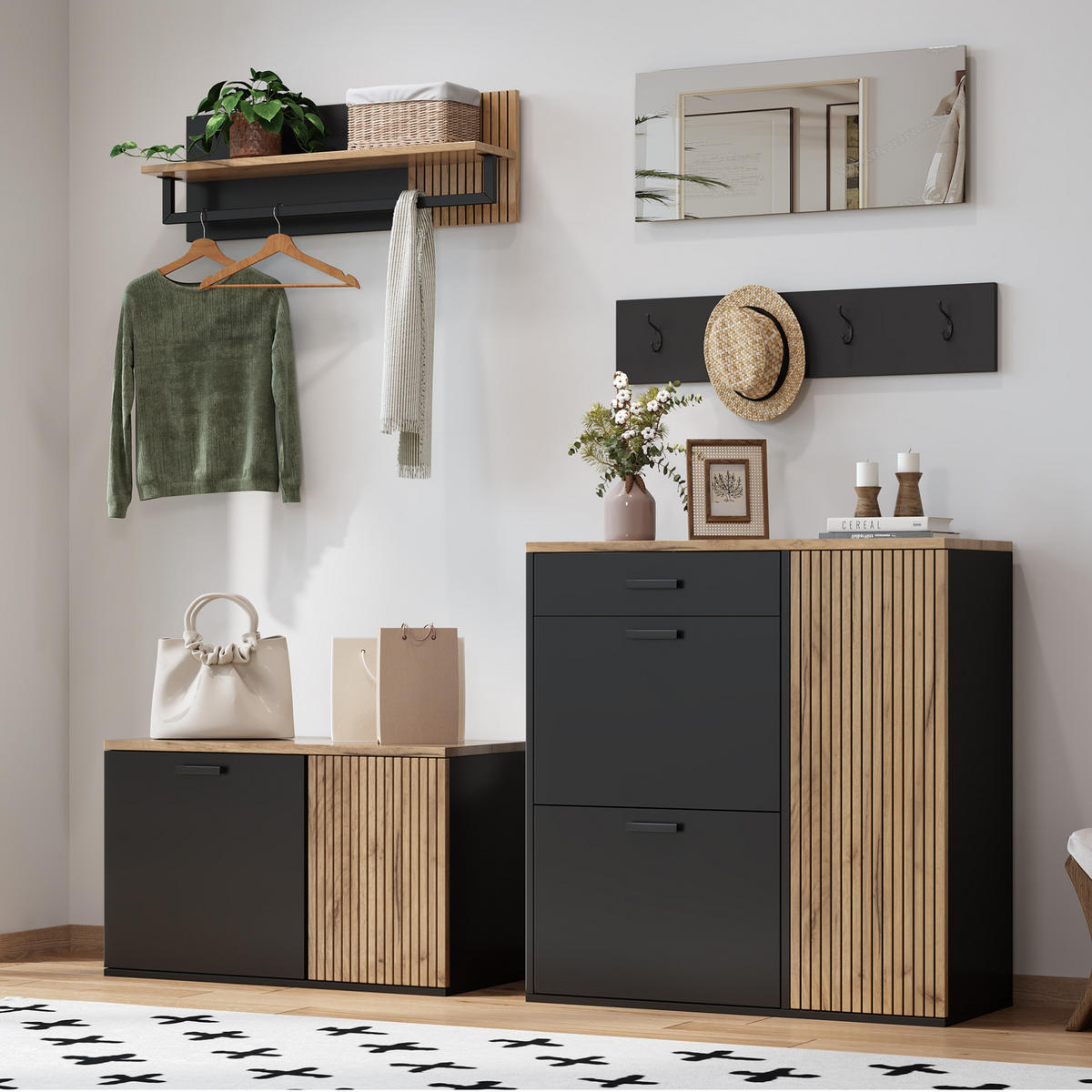 SCHUHSCHRANK 85/36/85 cm in Natur/Schwarz mit Schuhschrank und Sitzbank - Naturfarben, Holzwerkstoff (85/85/36cm) - Flora Grace