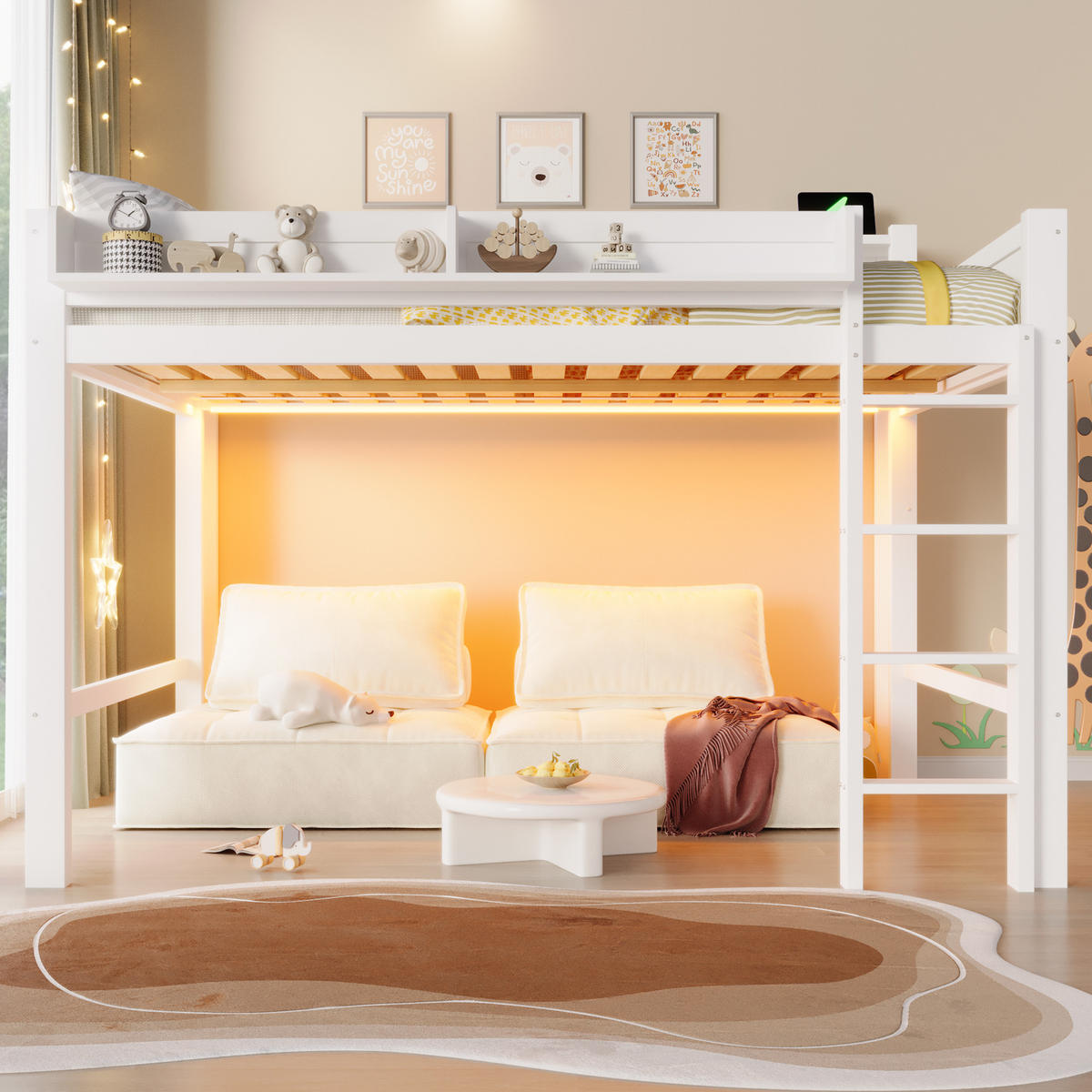 HOCHBETT 140/200 cm in Weiß mit LED, USB und 3 Schränken - Weiß, Holz/Holzwerkstoff (140/200cm) - WISHDOR