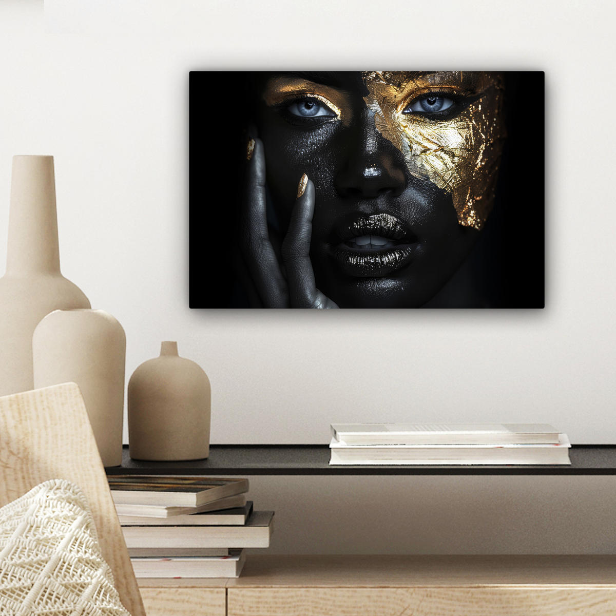 LEINWANDBILD Frau - Gold - Porträt - Schwarz-Weiß - Luxus Deko Schlafzimmer 30x20 cm - Hellblau, Textil (30/20cm) - MuchoWow