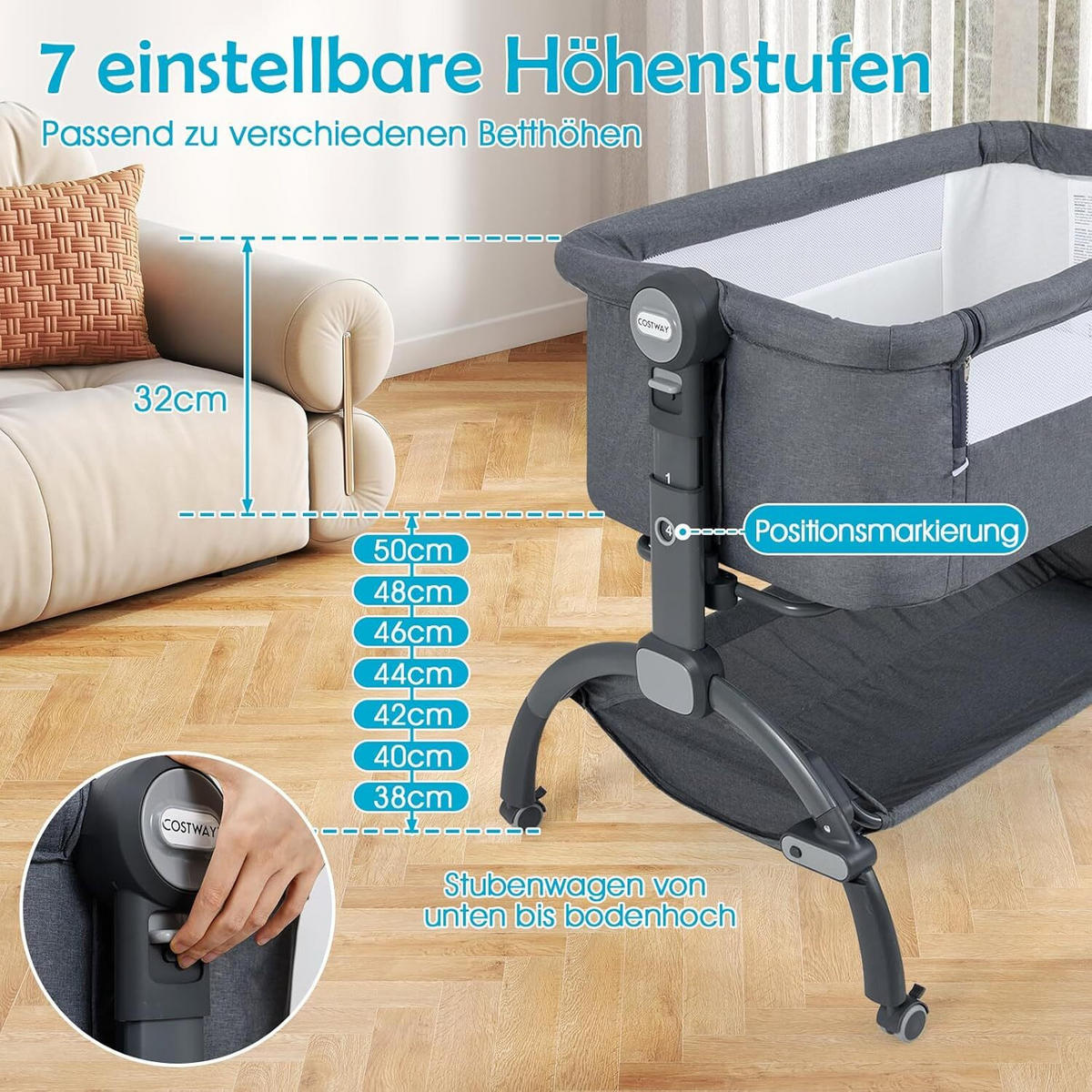 BABYWIEGE mit Matratze grau - Grau, Textil - COSTWAY