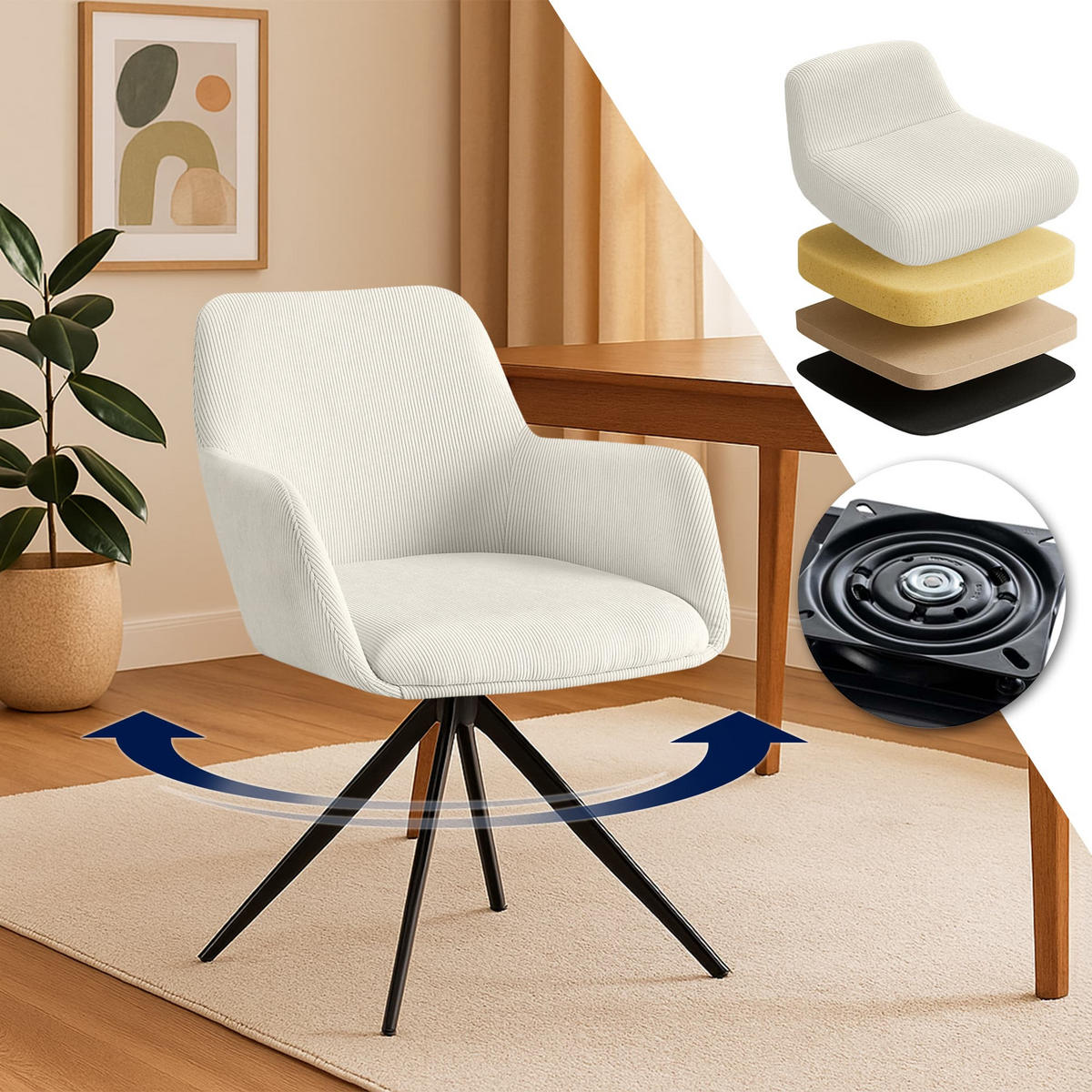 ESSZIMMERSTUHL Cord Creme - Creme/Schwarz, Textil/Metall (56/81/62cm) - CLP