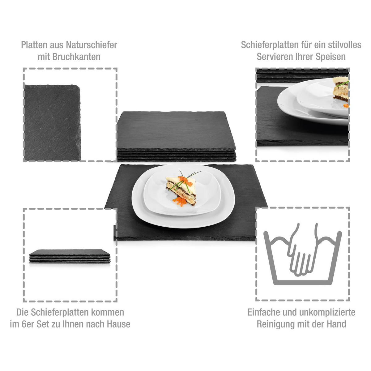 SCHIEFERPLATTEN SET - 6 teilig lasiert mit Kreise - Schwarz, Naturmaterialien (30/0.5/40cm) - Sänger