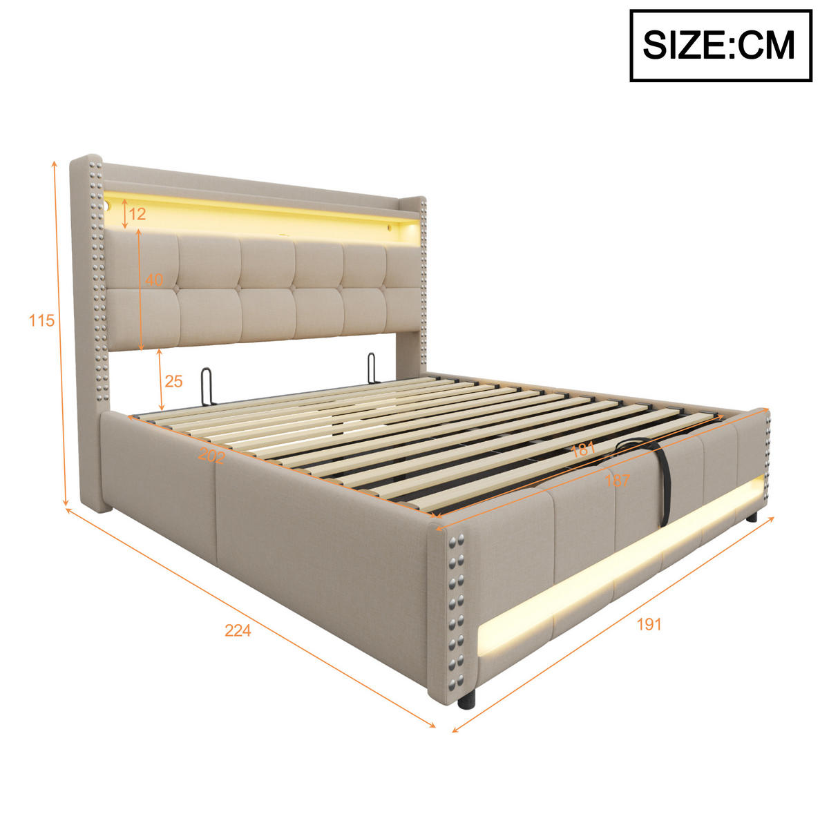 POLSTERBETT 180/200 cm Beige aus Leinenstoff mit LED-Beleuchtung und Stauraum - Beige, Textil (180/200cm) - OKMYHOME