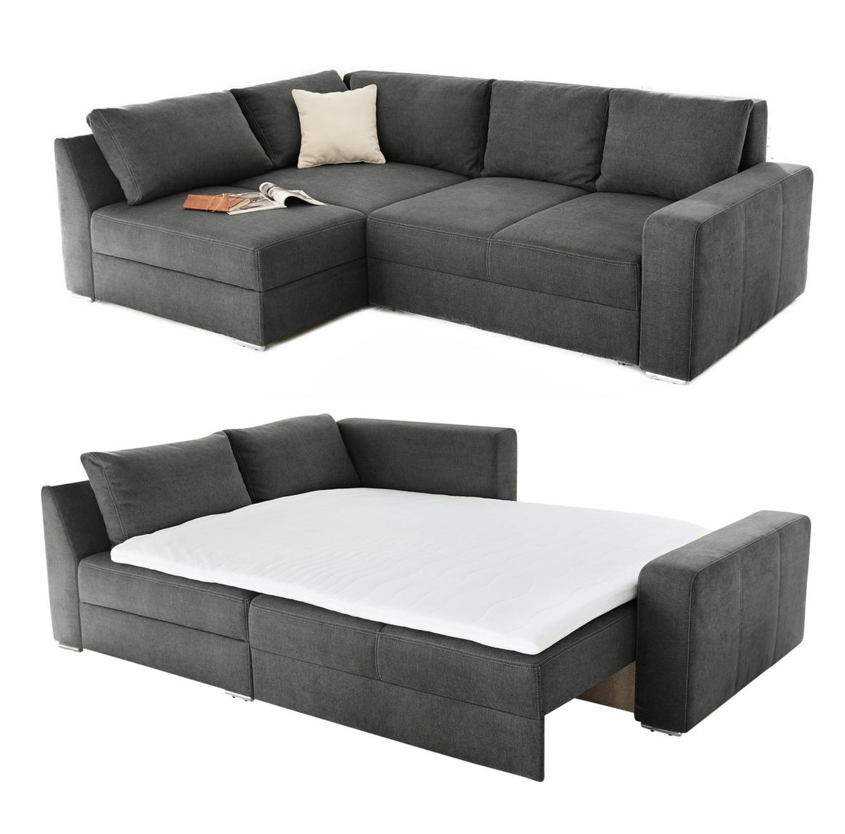 ECKSOFA-DAUERSCHLÄFER Boxspring Federkern Topper Bettkasten, seitenverkehrt montierbar B260/T181/H88 cm, Mikrofaser in Grau Anthrazit / 15107 - Chromfarben/Schieferfarben, Textil/Metall (260/181cm) - luma-home