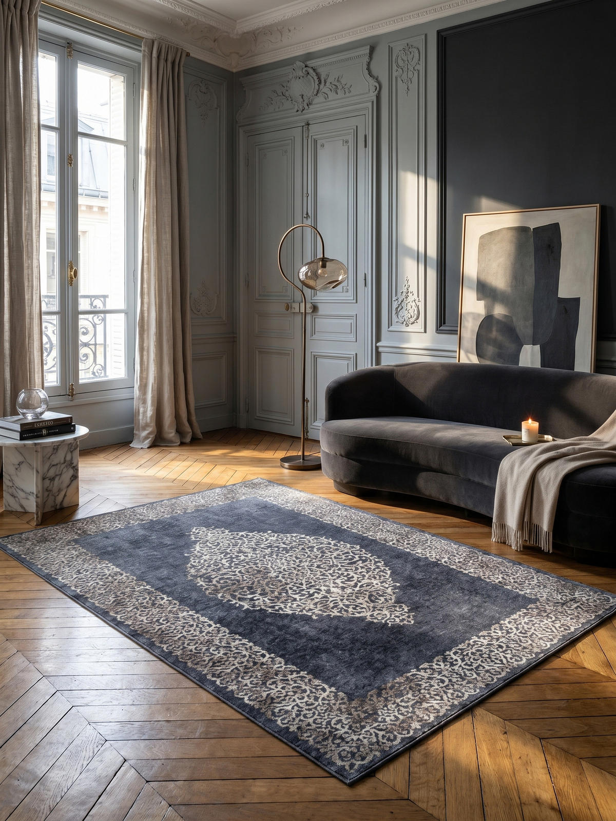 TEPPICH Wohnzimmer Barock Pflegeleicht Waschbar OEKO-TEX Schwarz 140x200 cm Gekettelt Flur – PIZOL - Schwarz, Textil (140/200cm) - KADIMA DESIGN