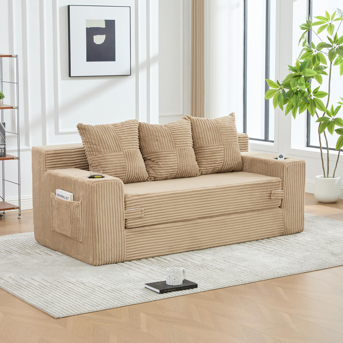 SCHLAFSOFA Modular mit Getränkehaltern und Seitentaschen, DE-42913, Khaki - Sandfarben, Textil (172/64/87cm) - ComfortXL