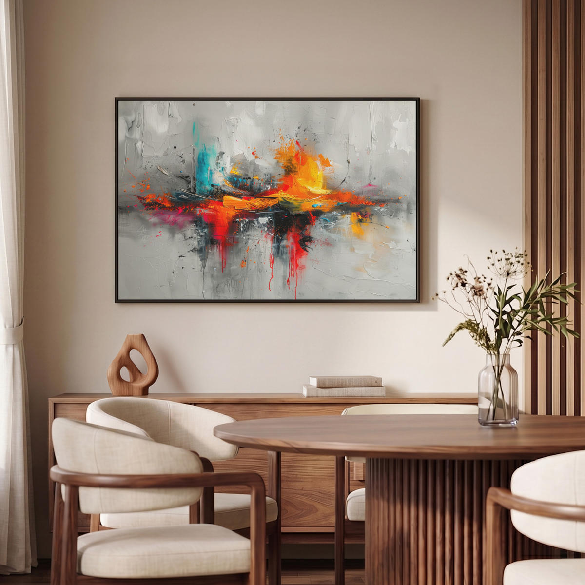 LEINWAND Bilder mit Rahmen - Moderne Kunst - Orange - Grau - Abstrakt - 90x60 - Hellgrau, Textil (90/60cm) - MuchoWow