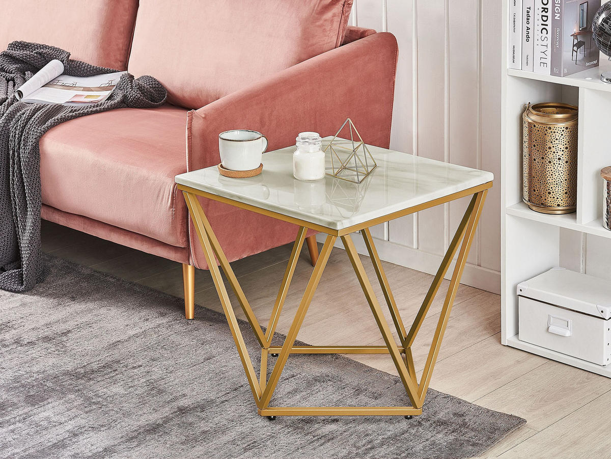 BEISTELLTISCH beige/gold Marmor Optik quadratisch 50/50 cm Malibu - Beige/Goldfarben, Holzwerkstoff (50/50/50cm) - Beliani