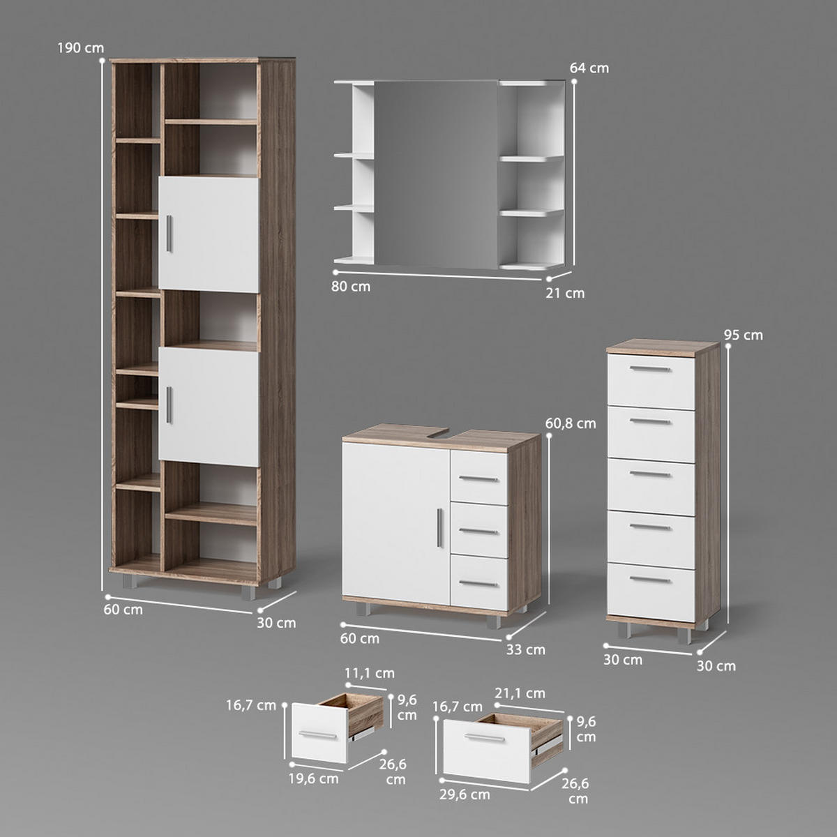 BADMÖBEL-SET Eisak Sonoma 4 Teile - Weiß/Sonoma Eiche, Holzwerkstoff (60/60/33cm) - Livinity®