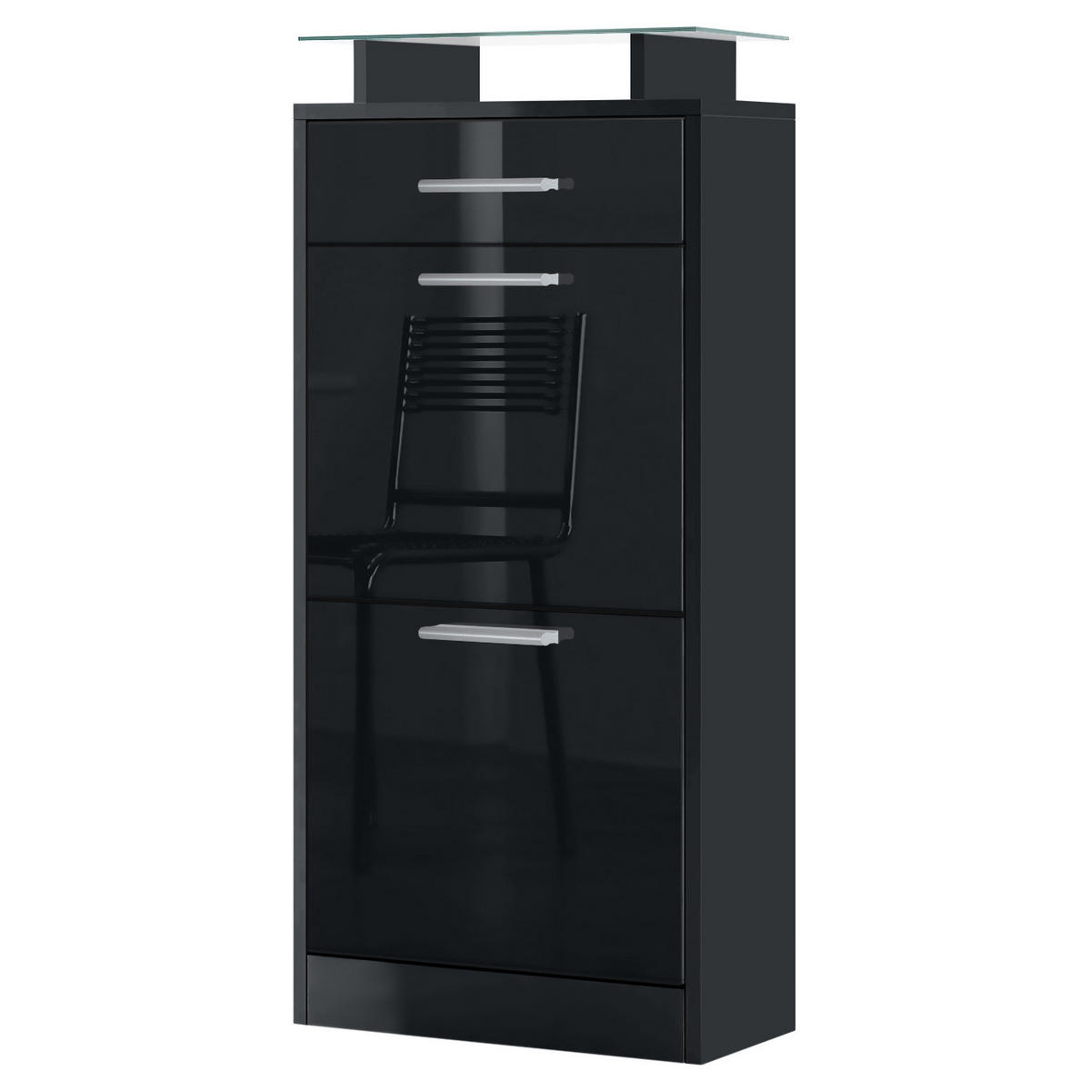 SCHUHSCHRANK Loret Front in Schwarz Hochglanz - Schwarz Hochglanz, Holzwerkstoff (46/104/23cm) - Vladon