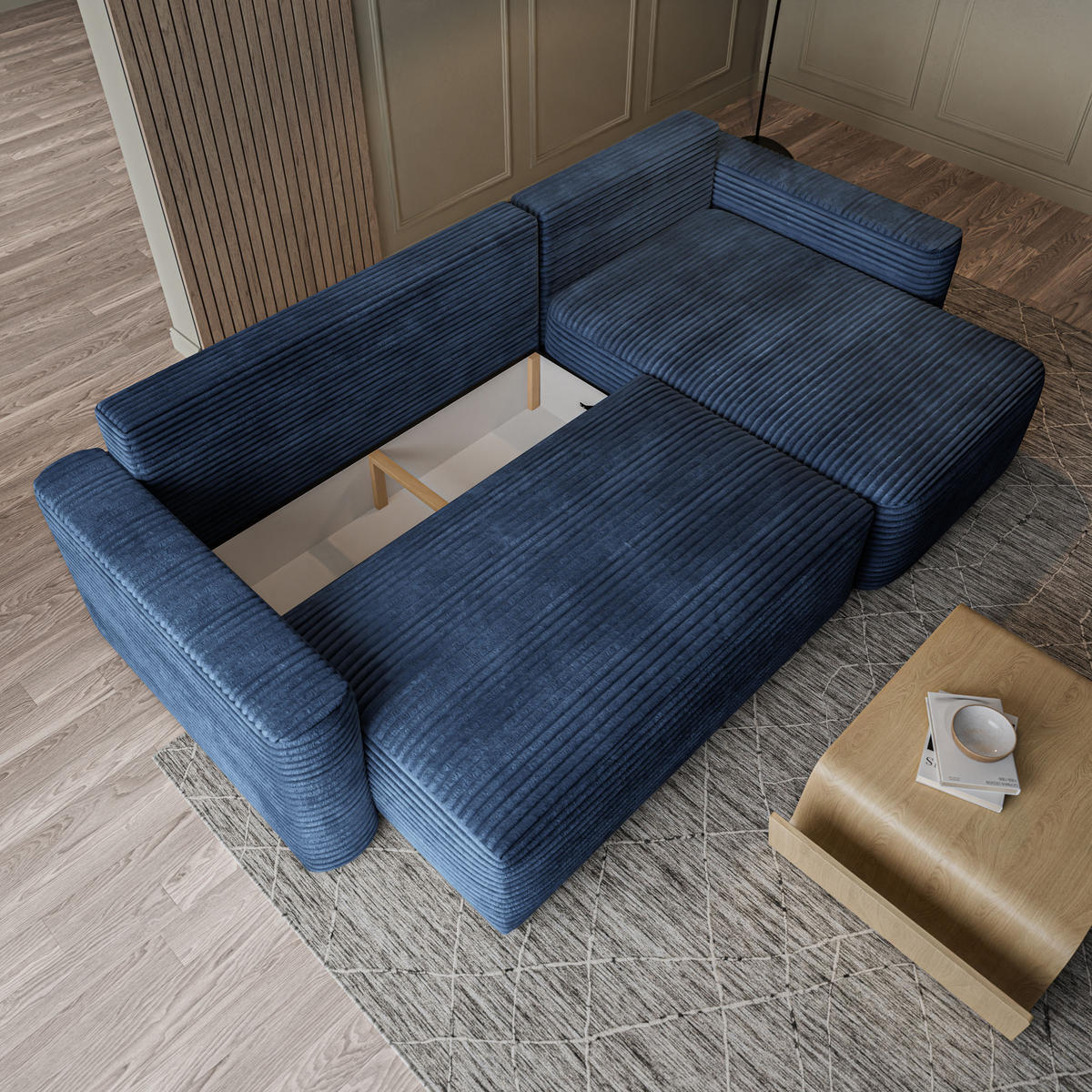 ECKSOFA NERI T Blau Kordstoff mit Schlaffunktion - Blau, Holzwerkstoff/Textil (280/157cm) - MASSENO