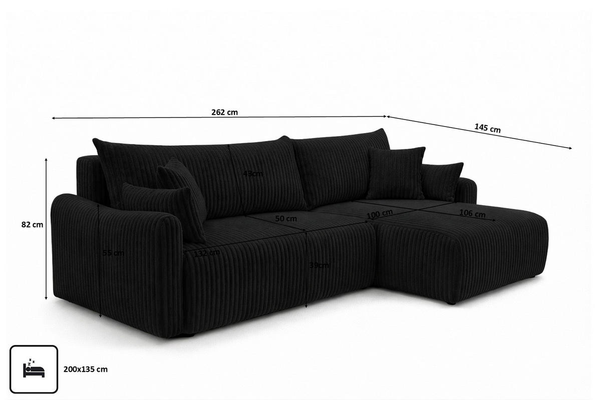 ECKSOFA Mit Schlaffunktion, Cordstoff Tilia, Schwarz, Rechts, JAPANDI - Schwarz, Holz (262/145cm) - Kaiser Möbel