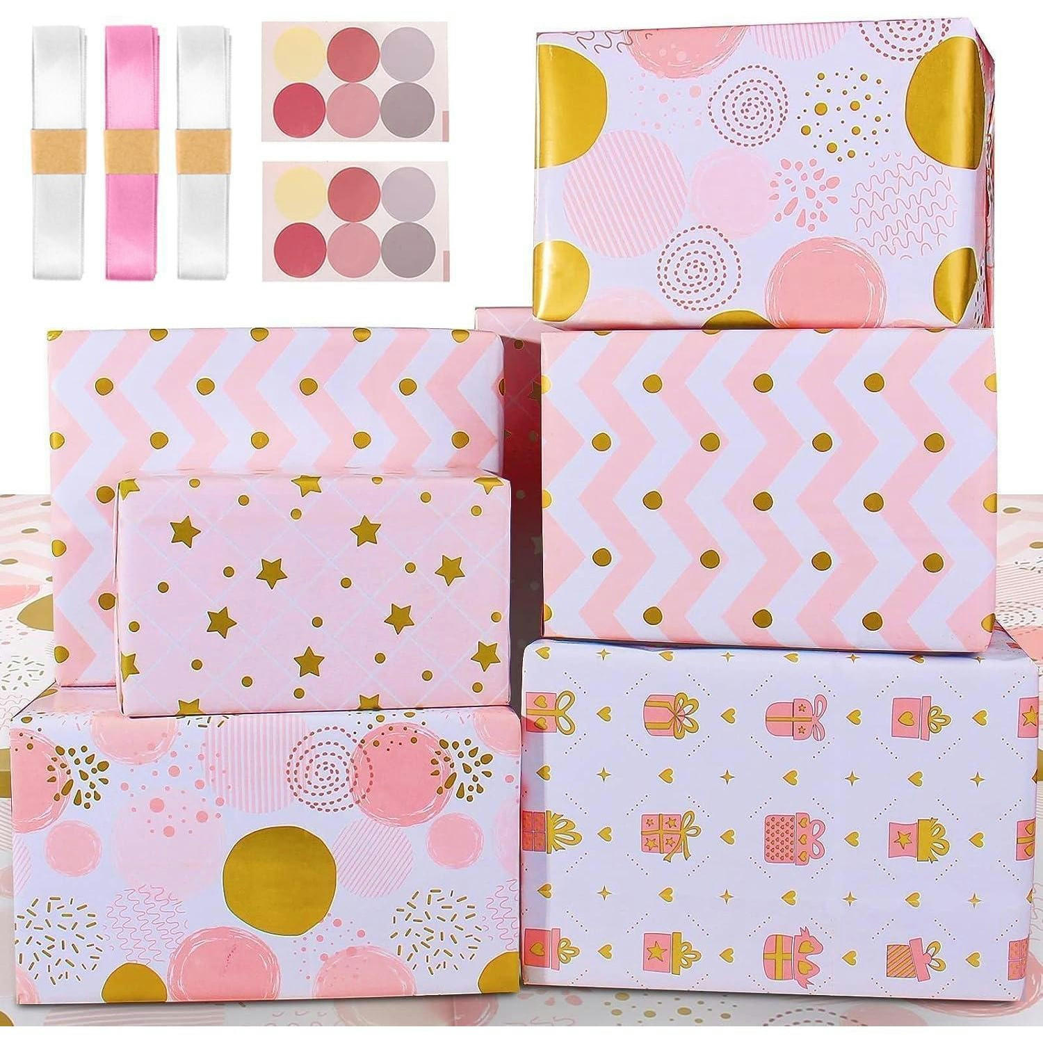 GESCHENKPAPIER Set 6-teilig mit Bändern und Aufklebern Rosa/Gold - Multicolor, Papier (22/0.5/25cm)